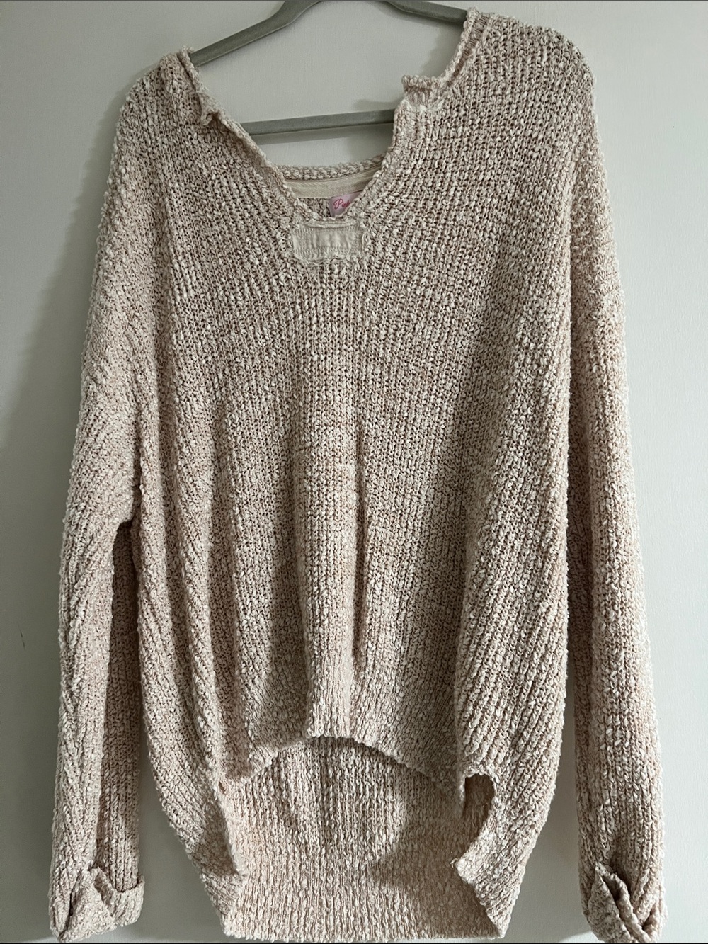 Pink Lily V-Neck Chunky Knit Sweater in Light Beige